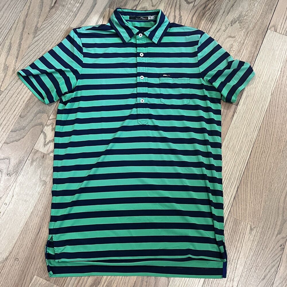 RLX Ralph Lauren Men's S Golf Polo Shirt Green Navy Stripe Performance Stretch